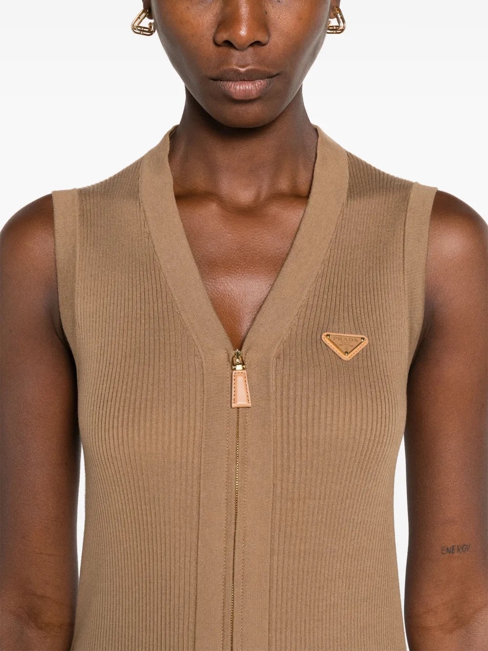 Prada Ribbed Knit Sleeveless Zip Vest Cardigan Brown Camel Leather Logo Plaque - Picture 16 of 16